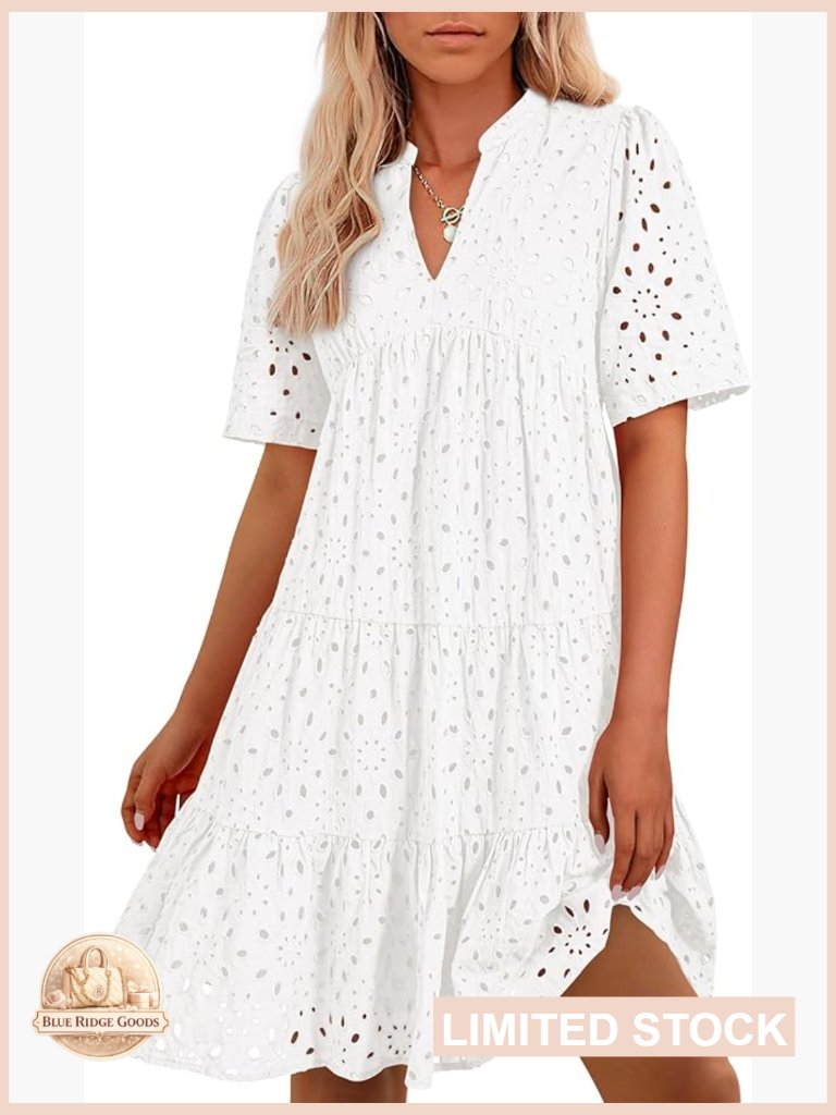 V Neck Short Sleeve Hollow Out Lace Ruffle A-Line Mini Dress Boho Beach Vacation